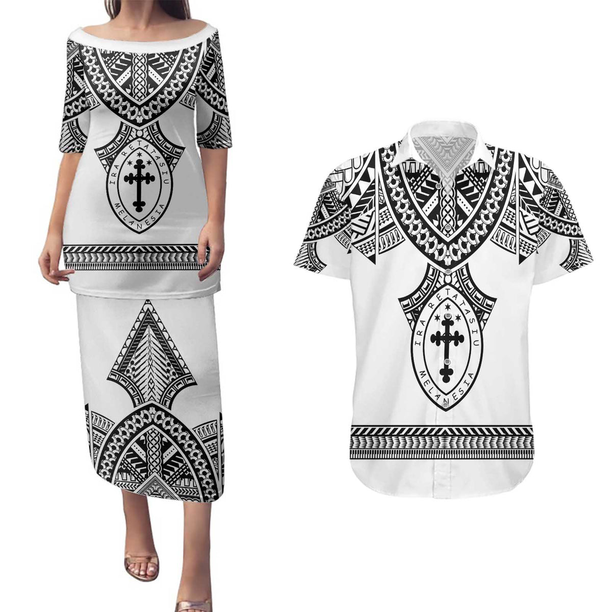 Personalised Melanesian Brotherhood Couples Matching Puletasi and Hawaiian Shirt With Tribal Pattern LT05 White - Polynesian Pride