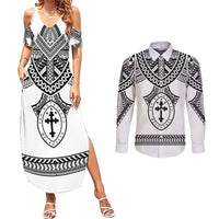 Personalised Melanesian Brotherhood Couples Matching Summer Maxi Dress and Long Sleeve Button Shirt With Tribal Pattern LT05 White - Polynesian Pride