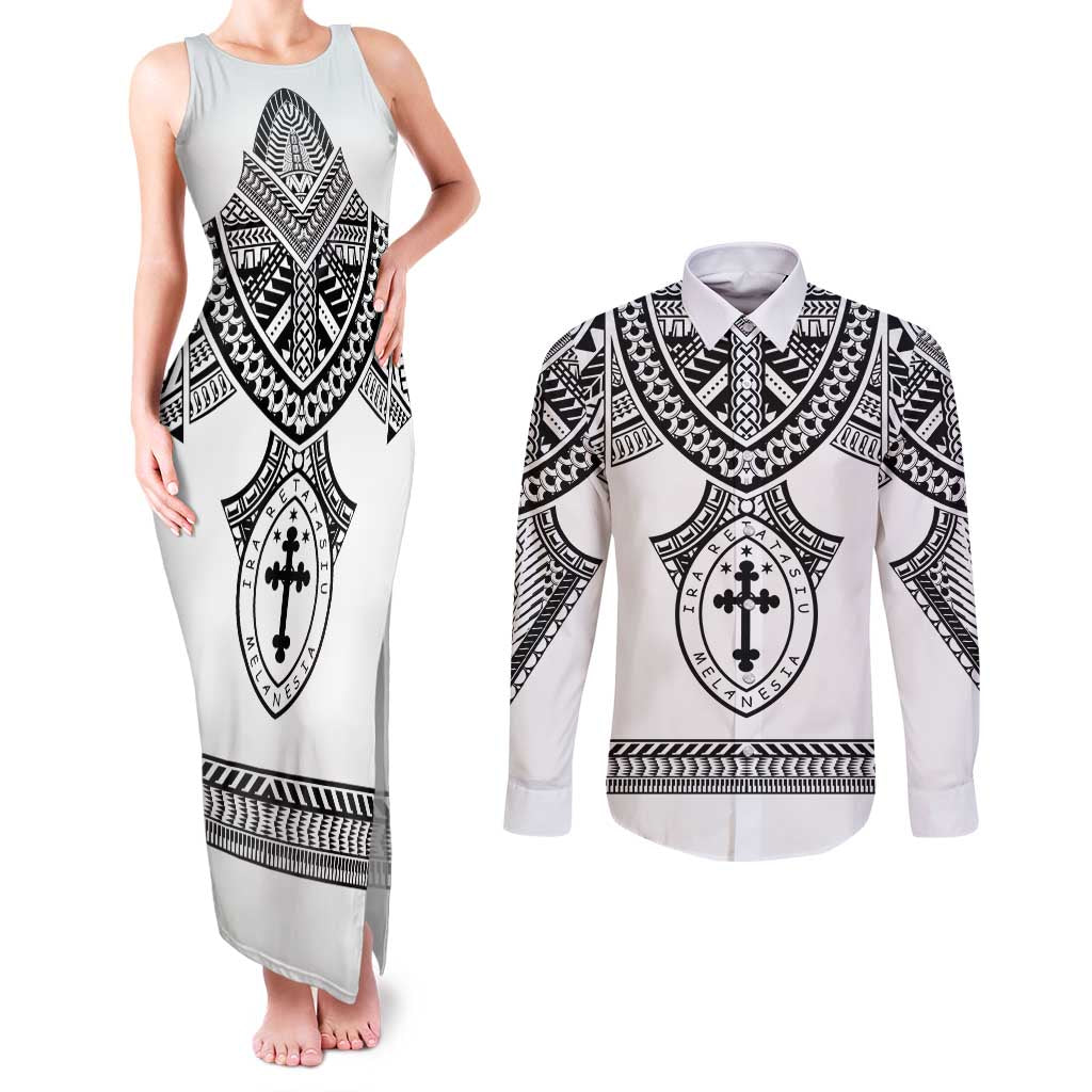 Personalised Melanesian Brotherhood Couples Matching Tank Maxi Dress and Long Sleeve Button Shirt With Tribal Pattern LT05 White - Polynesian Pride
