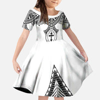 Personalised Melanesian Brotherhood Family Matching Off The Shoulder Long Sleeve Dress and Hawaiian Shirt With Tribal Pattern LT05 Daughter's Dress White - Polynesian Pride