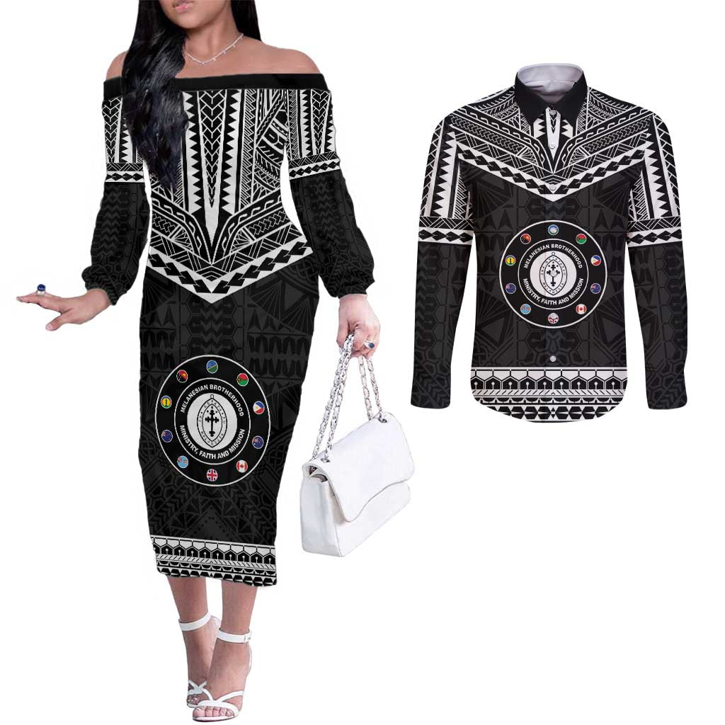 Personalised Melanesian Brotherhood Couples Matching Off The Shoulder Long Sleeve Dress and Long Sleeve Button Shirt Ministry Faith And Mission - Polynesian Pride