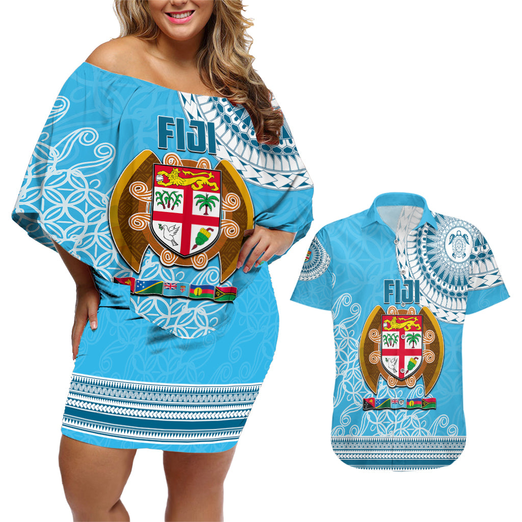 Fiji Couples Matching Off Shoulder Short Dress and Hawaiian Shirt Melanesian Festival 2023 LT6 Blue - Polynesian Pride