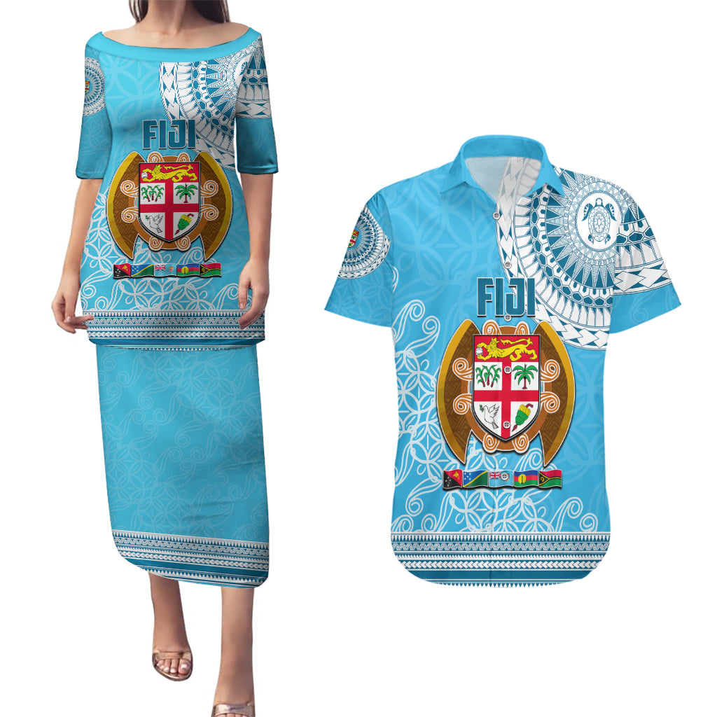 Fiji Couples Matching Puletasi Dress and Hawaiian Shirt Melanesian Festival 2023 LT6 Blue - Polynesian Pride