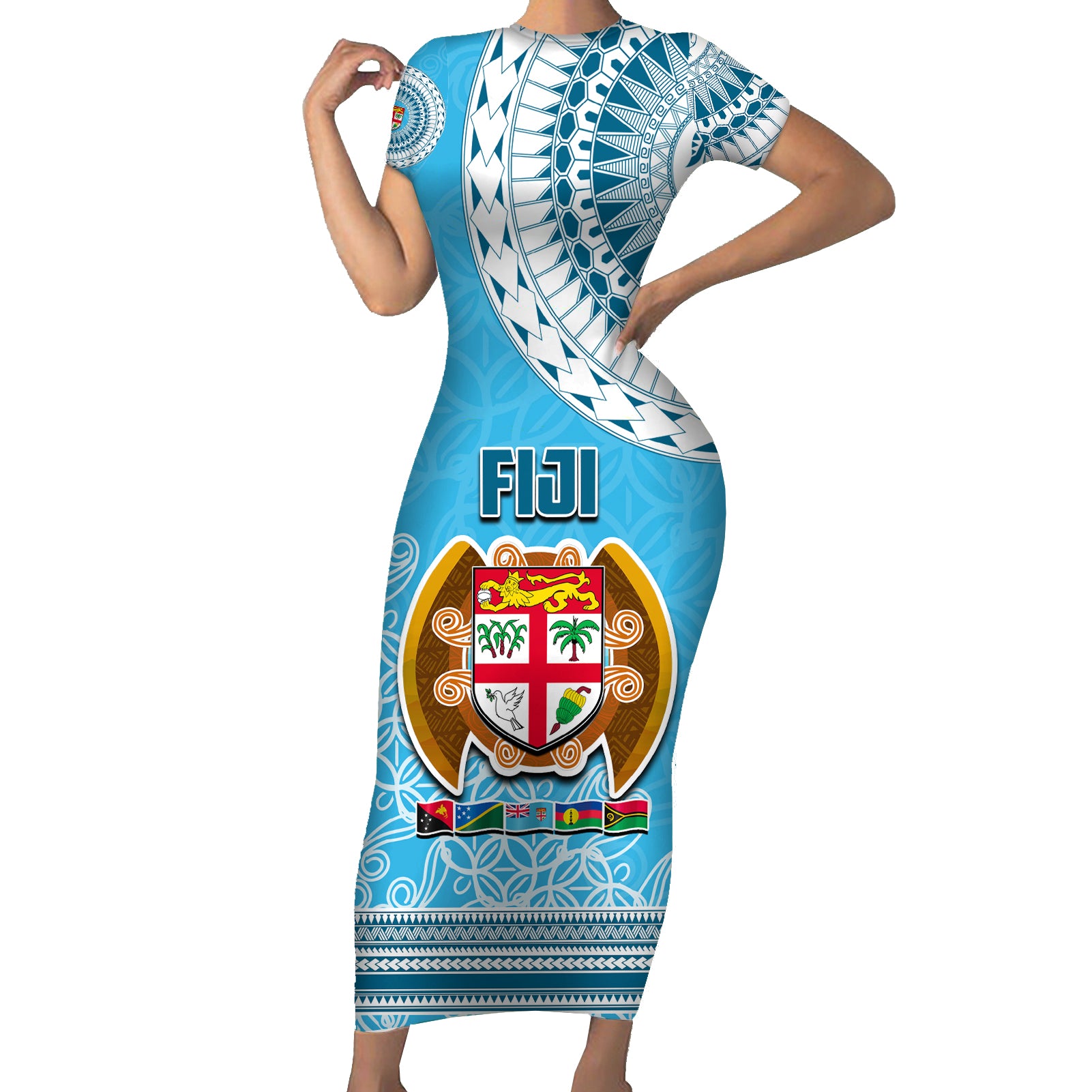 Fiji Short Sleeve Bodycon Dress Melanesian Festival 2023 LT6 Long Dress Blue - Polynesian Pride