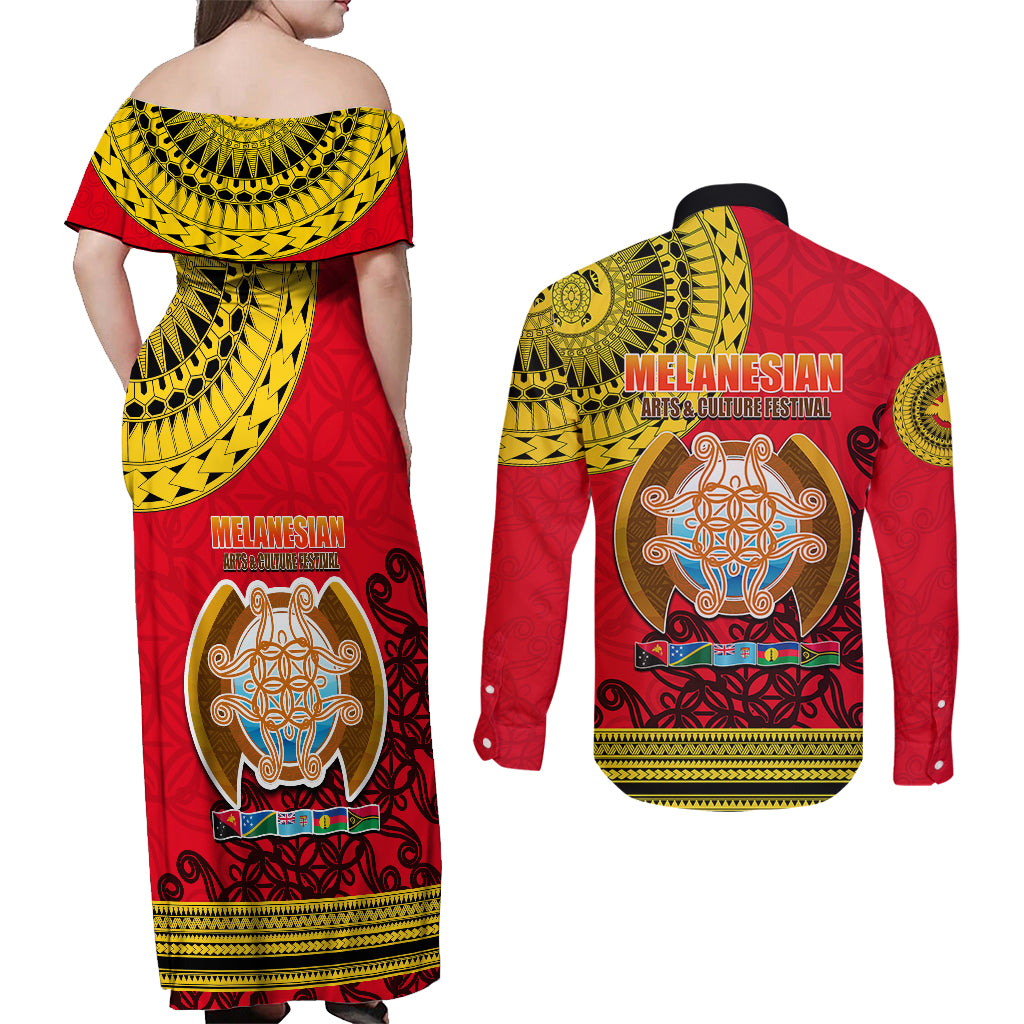 Papua New Guinea Couples Matching Off Shoulder Maxi Dress and Long Sleeve Button Shirts Melanesian Festival 2023 LT6 - Polynesian Pride