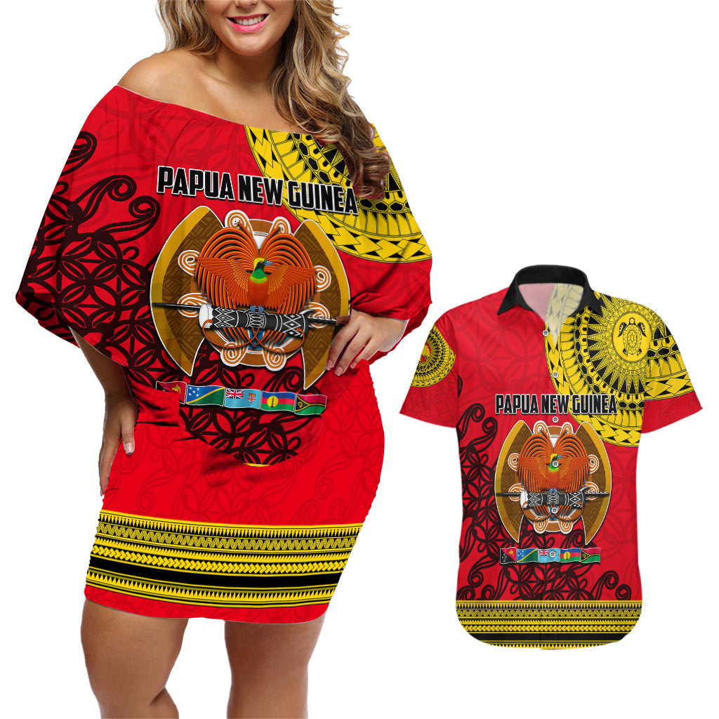 Papua New Guinea Couples Matching Off Shoulder Short Dress and Hawaiian Shirt Melanesian Festival 2023 LT6 Red - Polynesian Pride