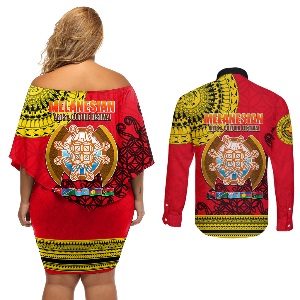 Papua New Guinea Couples Matching Off Shoulder Short Dress and Long Sleeve Button Shirts Melanesian Festival 2023 LT6 - Polynesian Pride