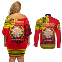 Papua New Guinea Couples Matching Off Shoulder Short Dress and Long Sleeve Button Shirts Melanesian Festival 2023 LT6 - Polynesian Pride