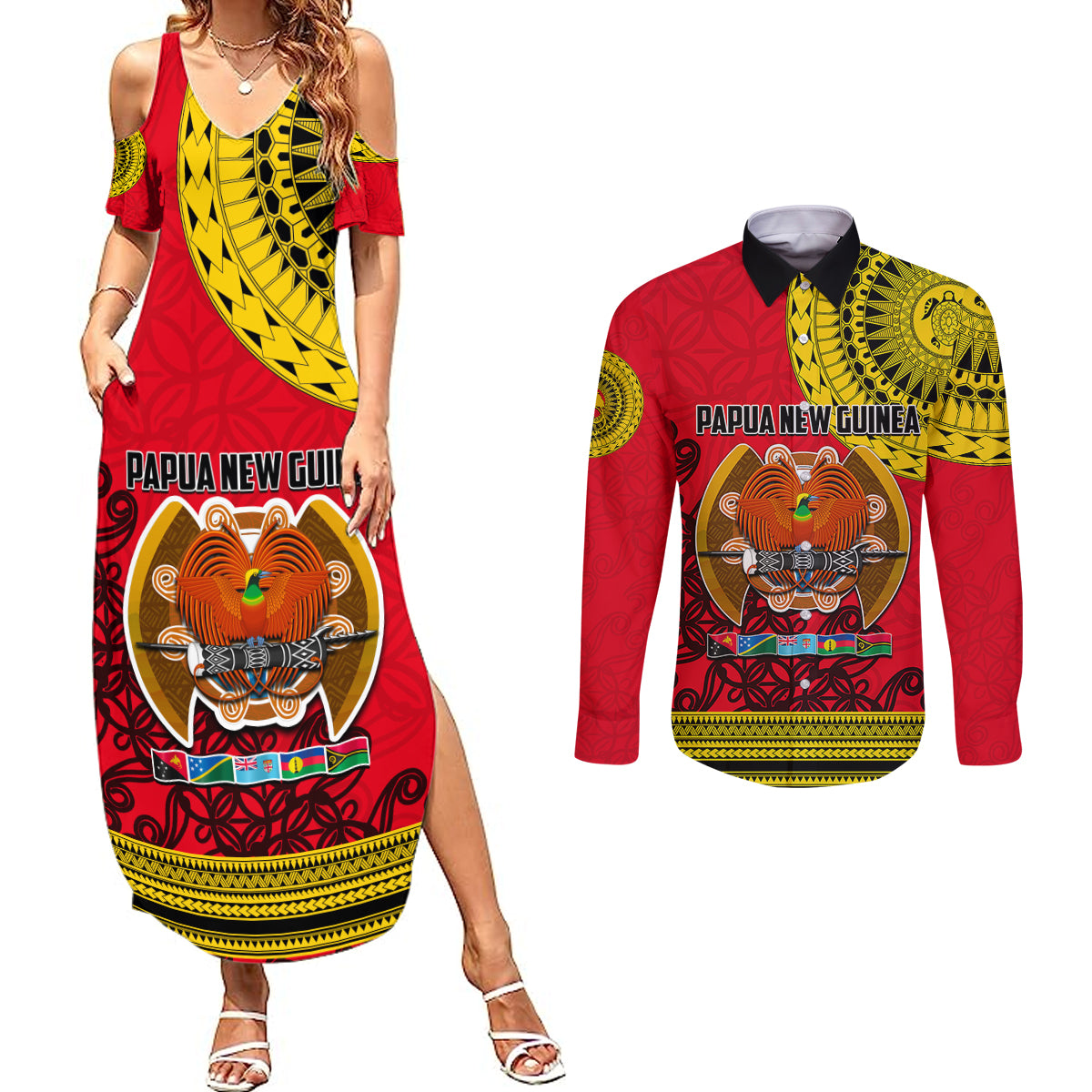 Papua New Guinea Couples Matching Summer Maxi Dress and Long Sleeve Button Shirts Melanesian Festival 2023 LT6 Red - Polynesian Pride