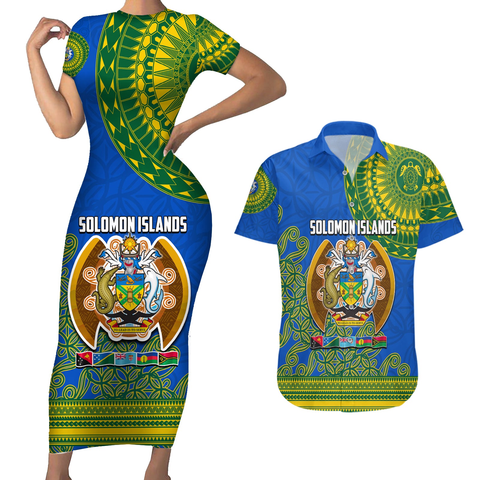 Solomon Islands Couples Matching Short Sleeve Bodycon Dress and Hawaiian Shirt Melanesian Festival 2023 LT6 Green - Polynesian Pride