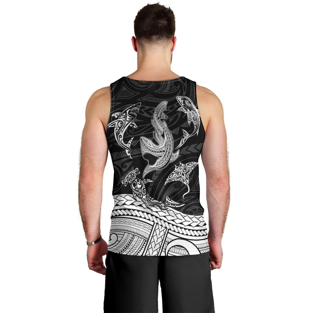 Polynesian Tribal Men Tank Top with Sharks Tattoo White LT6 - Polynesian Pride