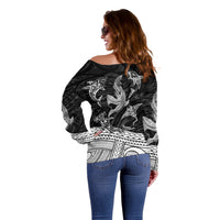 Polynesian Tribal Off Shoulder Sweater with Sharks Tattoo White LT6 - Polynesian Pride