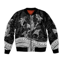 Polynesian Tribal Sleeve Zip Bomber Jacket with Sharks Tattoo White LT6 Unisex White - Polynesian Pride