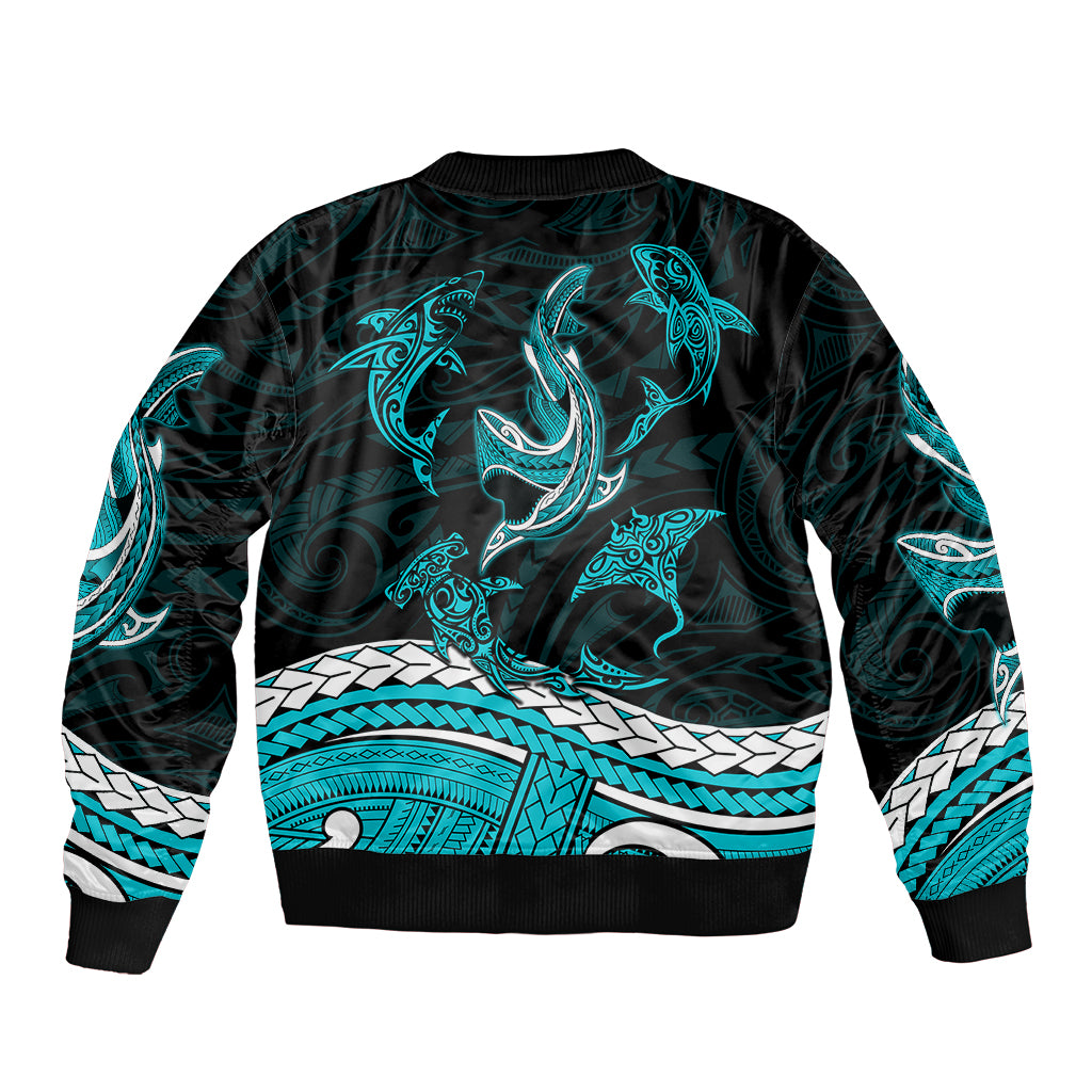 Polynesian Tribal Sleeve Zip Bomber Jacket with Sharks Tattoo Green LT6 - Polynesian Pride