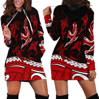 Polynesian Tribal Hoodie Dress with Sharks Tattoo Red LT6 - Polynesian Pride