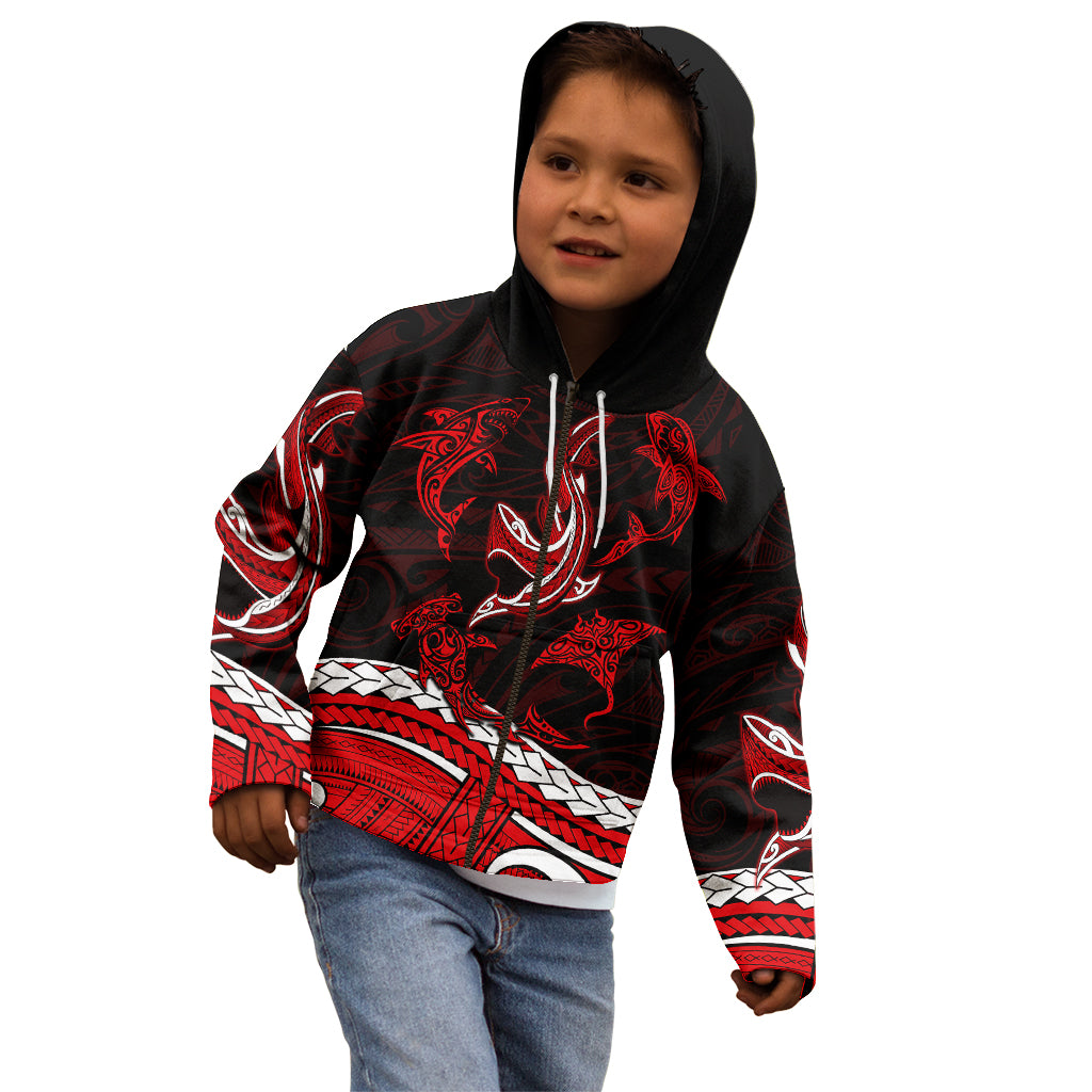 Polynesian Tribal Kid Hoodie with Sharks Tattoo Red LT6 - Polynesian Pride