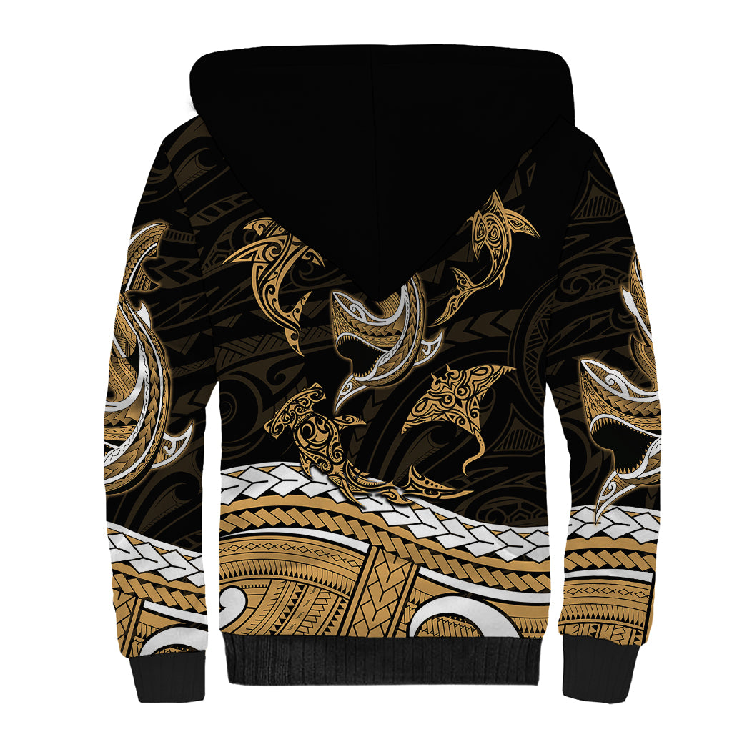 Polynesian Tribal Sherpa Hoodie with Sharks Tattoo Gold LT6 - Polynesian Pride