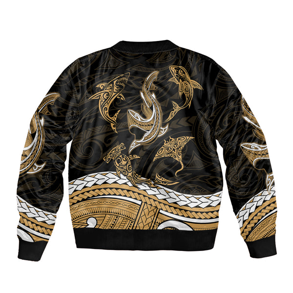 Polynesian Tribal Sleeve Zip Bomber Jacket with Sharks Tattoo Gold LT6