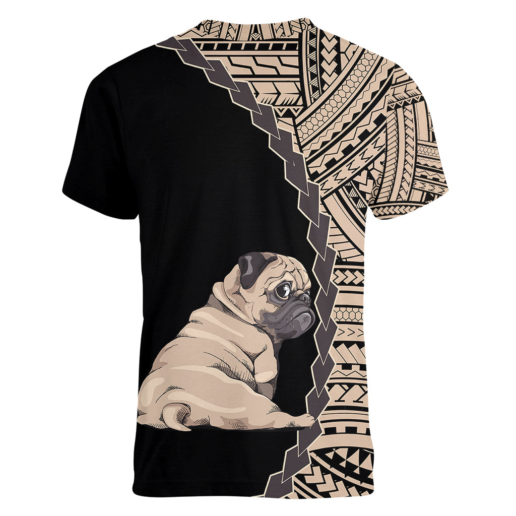 Custom Pug Dog Women V Neck T Shirt With Polynesian Tribal Tattoo LT6 - Polynesian Pride