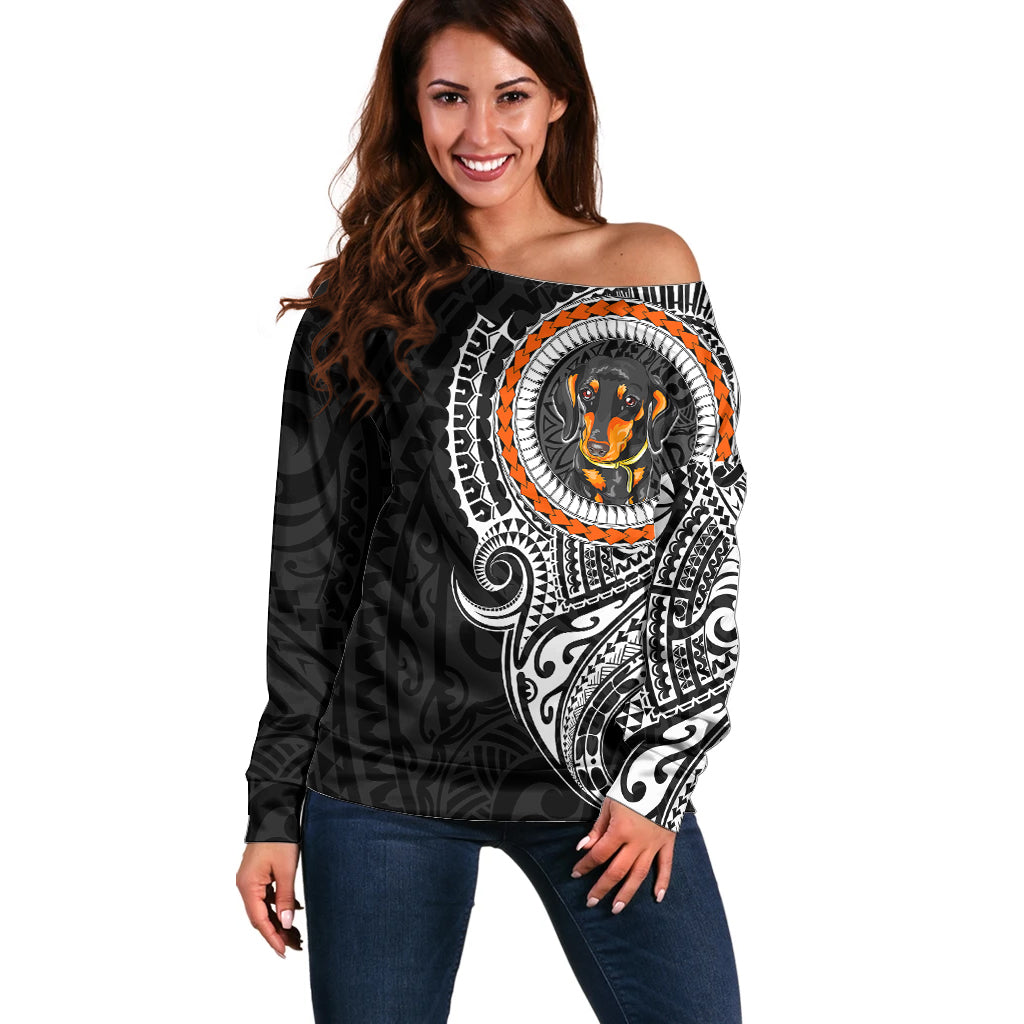Polynesian Dachshund Dog Off Shoulder Sweater Dog In My Heart LT6 Women Black - Polynesian Pride