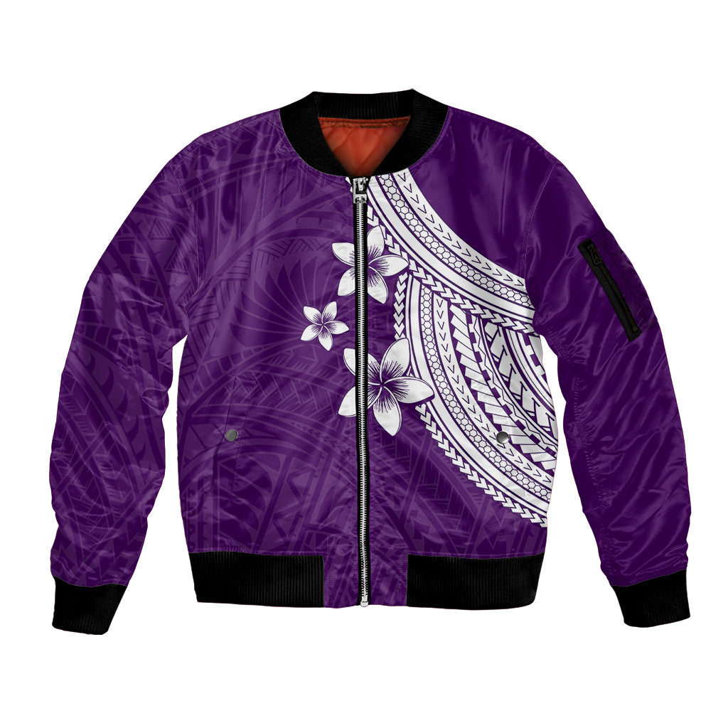 Polynesian Sleeve Zip Bomber Jacket With Plumeria Flower Purple LT6 Unisex Purple - Polynesian Pride