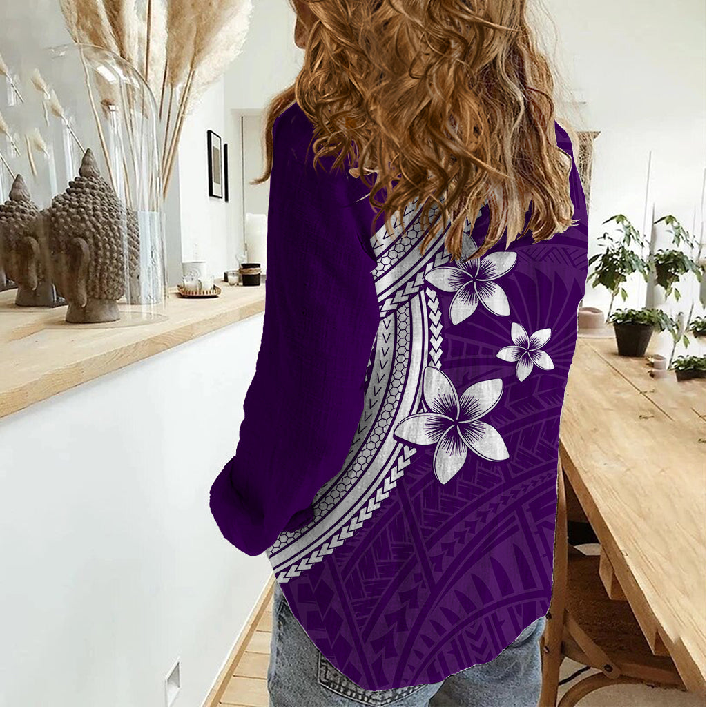 Polynesian Women Casual Shirt With Plumeria Flower Purple LT6 - Polynesian Pride