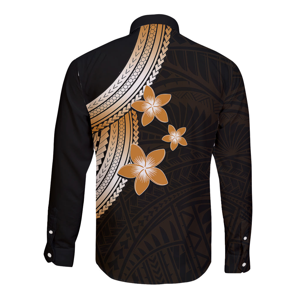 Polynesian Long Sleeve Button Shirt With Plumeria Flower Gold LT6 - Polynesian Pride