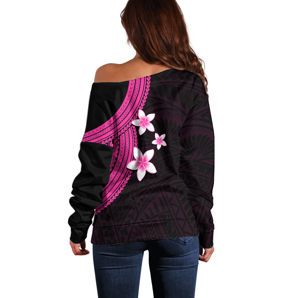 Polynesian Off Shoulder Sweater With Plumeria Flower Pink LT6 - Polynesian Pride
