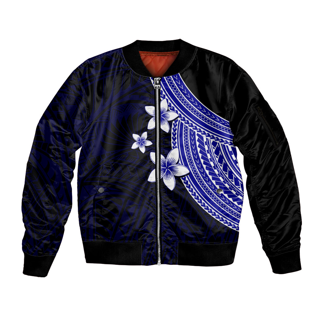 Polynesian Sleeve Zip Bomber Jacket With Plumeria Flower Blue LT6 Unisex Blue - Polynesian Pride