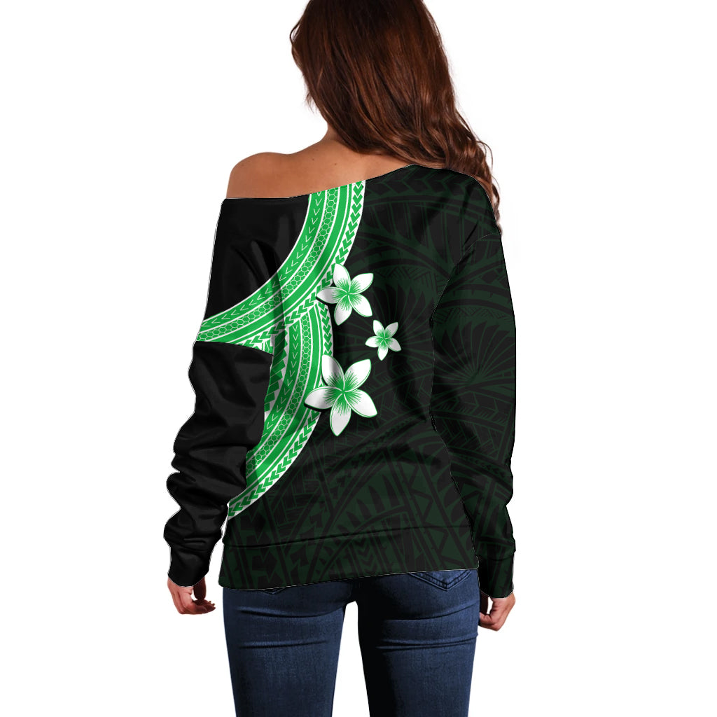 Polynesian Off Shoulder Sweater With Plumeria Flower Green LT6 - Polynesian Pride