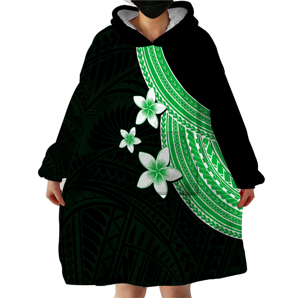 Polynesian Wearable Blanket Hoodie With Plumeria Flower Green LT6 - Polynesian Pride