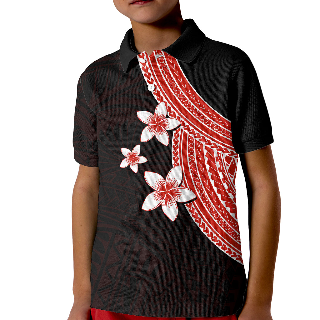 Polynesian Kid Polo Shirt With Plumeria Flower Red LT6 Kid Red - Polynesian Pride