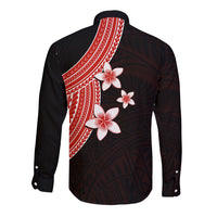 Polynesian Long Sleeve Button Shirt With Plumeria Flower Red LT6 - Polynesian Pride