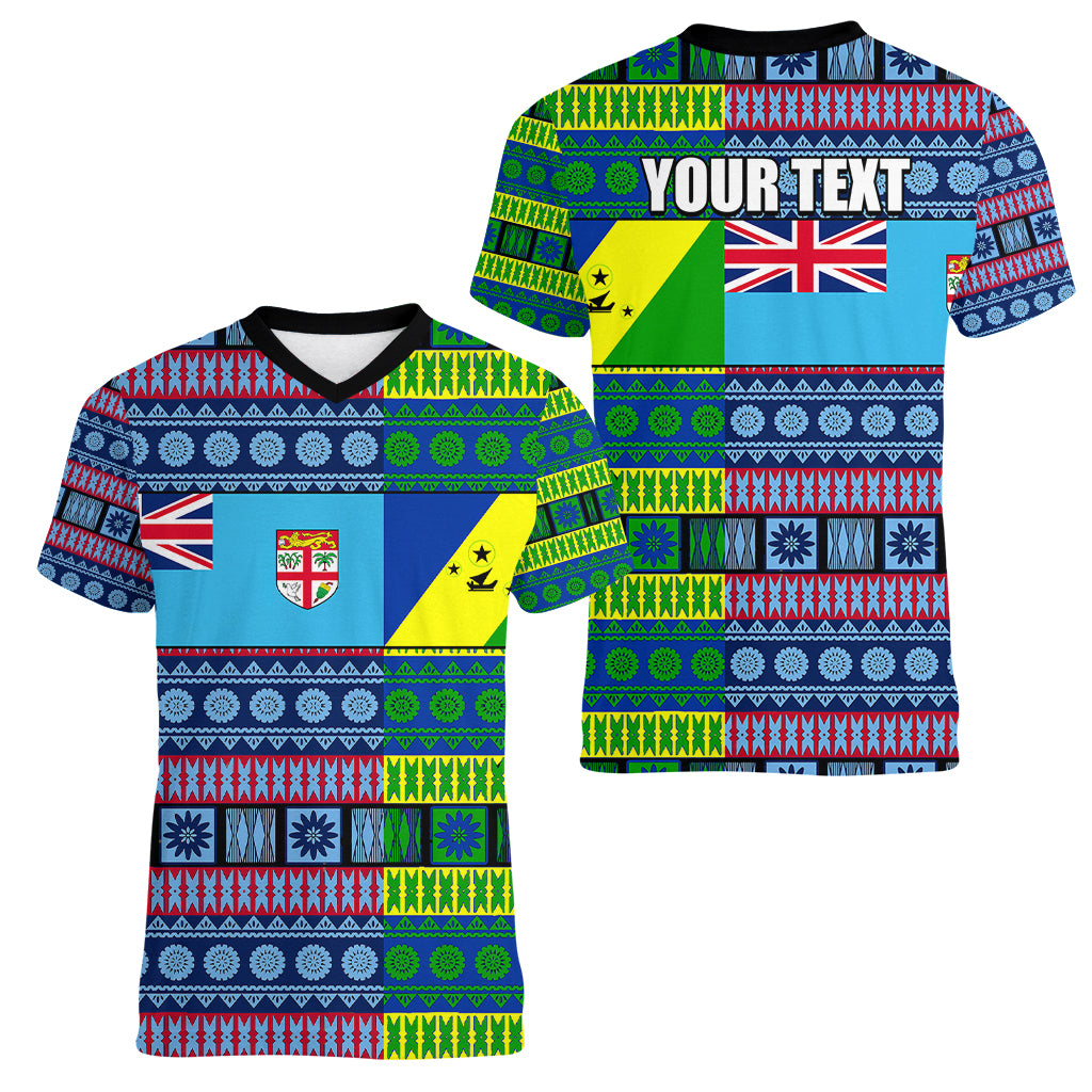 (Custom Personalised) Fiji Malampa Women V Neck T Shirt Tribal Patterns LT6 - Polynesian Pride