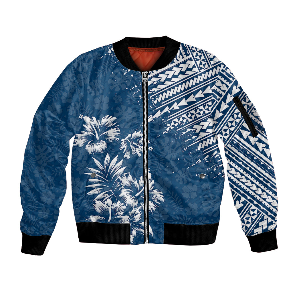 Hawaii Summer Sleeve Zip Bomber Jacket Mix Polynesian Dark Blue LT6 Unisex Blue - Polynesian Pride