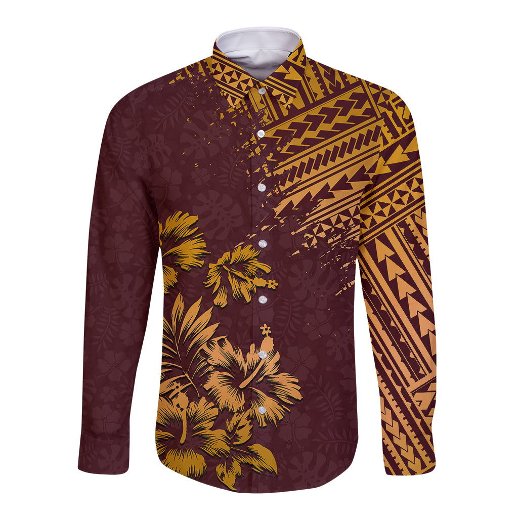 Hawaii Summer Long Sleeve Button Shirt Mix Polynesian Brown LT6 Unisex Brown - Polynesian Pride