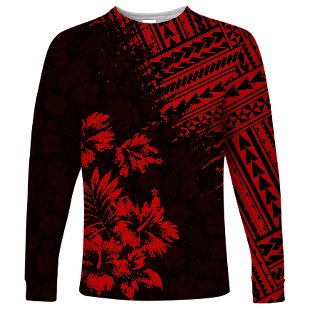 Hawaii Summer Long Sleeve Shirt Mix Polynesian Black-Red LT6 Unisex Red - Polynesian Pride