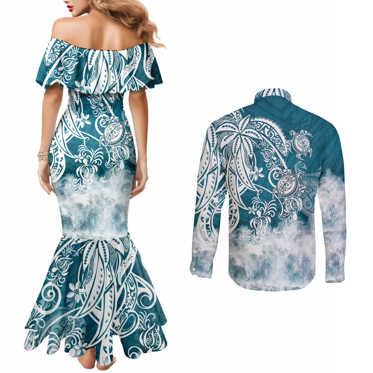 Polynesian Sea Turtle Couples Matching Mermaid Dress and Long Sleeve Button Shirts Tribal LT6 - Polynesian Pride