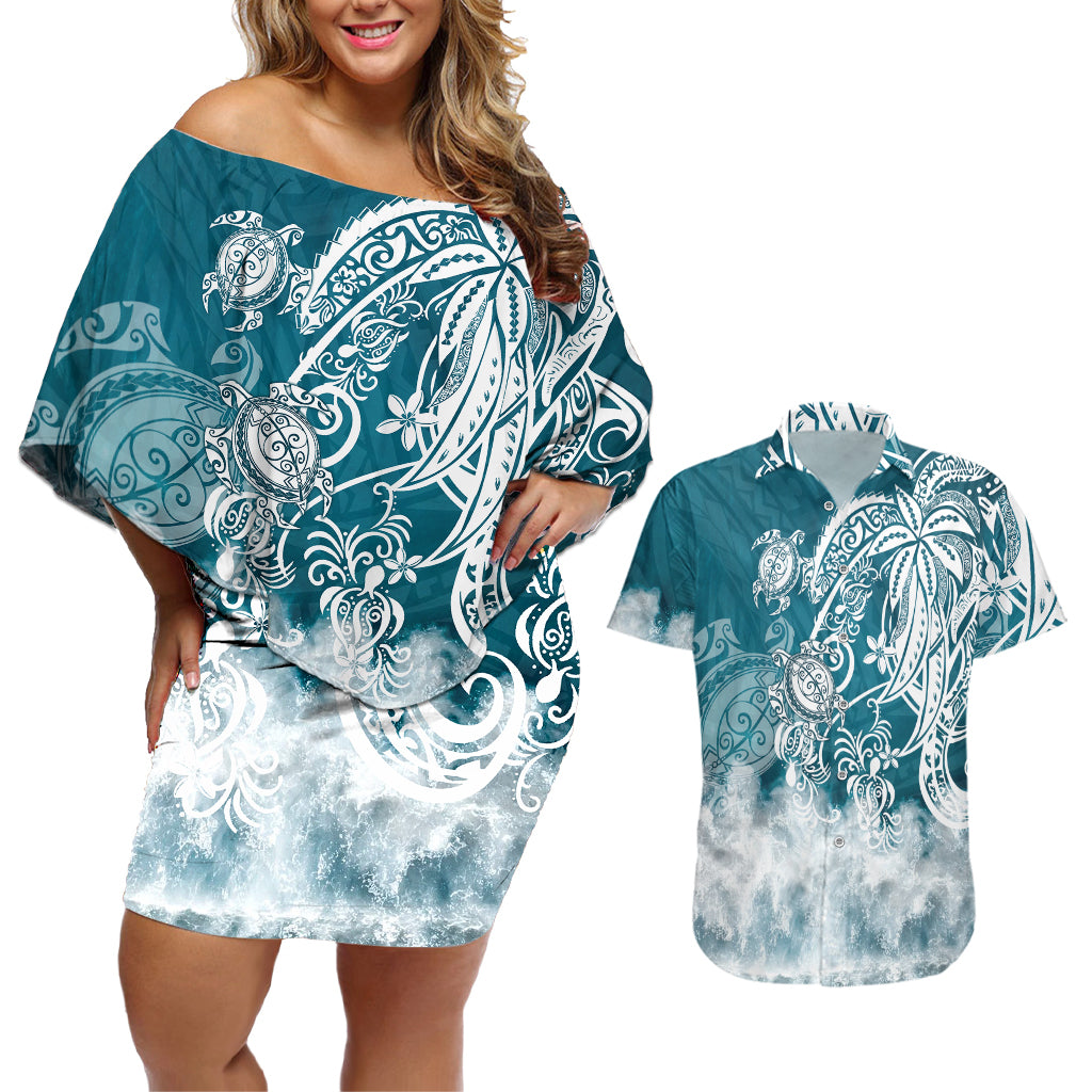 Polynesian Sea Turtle Couples Matching Off Shoulder Short Dress and Hawaiian Shirt Tribal LT6 Blue - Polynesian Pride