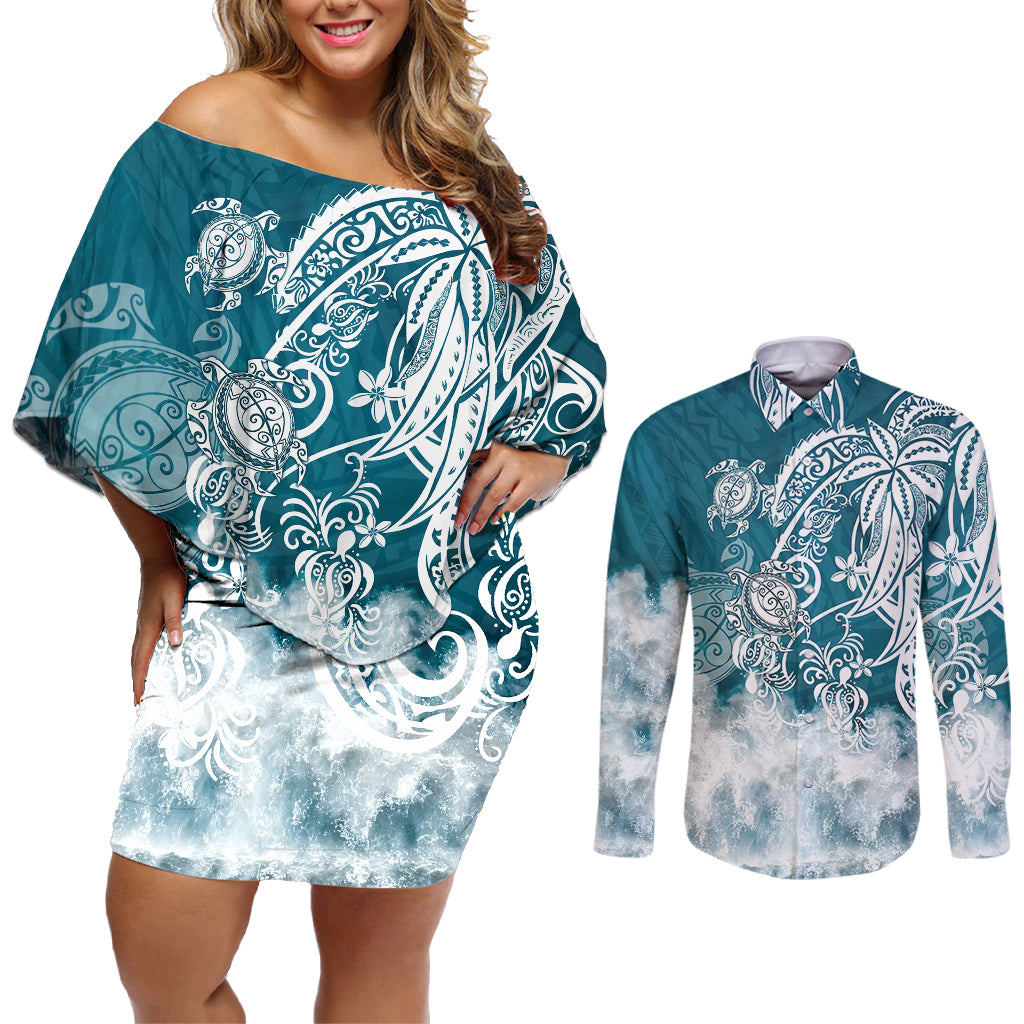 Polynesian Sea Turtle Couples Matching Off Shoulder Short Dress and Long Sleeve Button Shirts Tribal LT6 Blue - Polynesian Pride