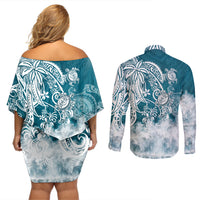 Polynesian Sea Turtle Couples Matching Off Shoulder Short Dress and Long Sleeve Button Shirts Tribal LT6 - Polynesian Pride