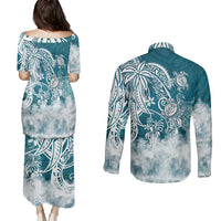 Polynesian Sea Turtle Couples Matching Puletasi Dress and Long Sleeve Button Shirts Tribal LT6 - Polynesian Pride