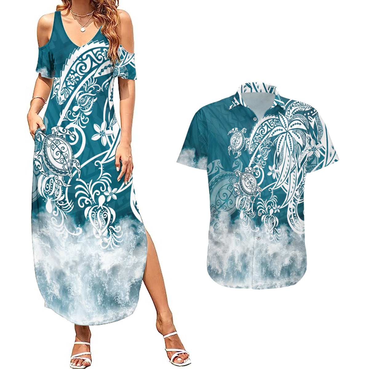 Polynesian Sea Turtle Couples Matching Summer Maxi Dress and Hawaiian Shirt Tribal LT6 Blue - Polynesian Pride