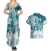 Polynesian Sea Turtle Couples Matching Summer Maxi Dress and Hawaiian Shirt Tribal LT6 - Polynesian Pride