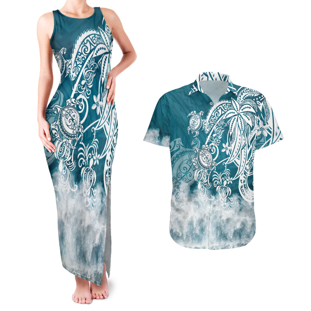 Polynesian Sea Turtle Couples Matching Tank Maxi Dress And Hawaiian Shirt Tribal LT6 Blue - Polynesian Pride