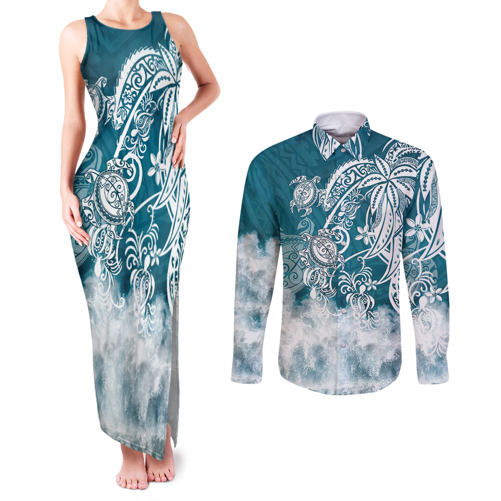 Polynesian Sea Turtle Couples Matching Tank Maxi Dress and Long Sleeve Button Shirts Tribal LT6 Blue - Polynesian Pride