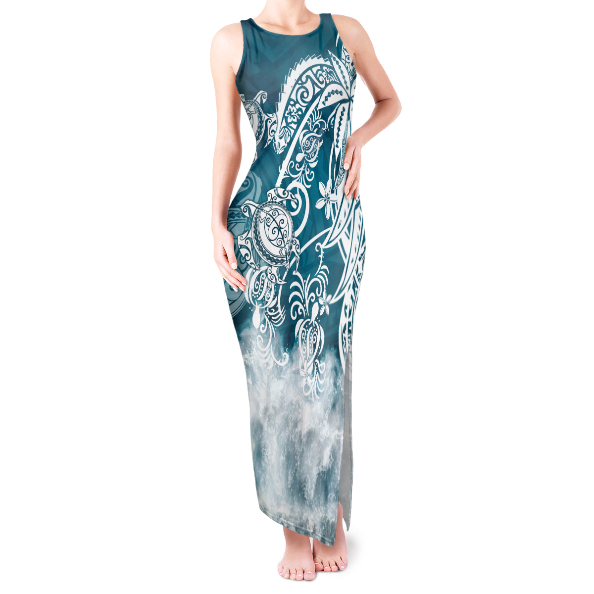 Polynesian Sea Turtle Tank Maxi Dress Tribal LT6 Women Blue - Polynesian Pride