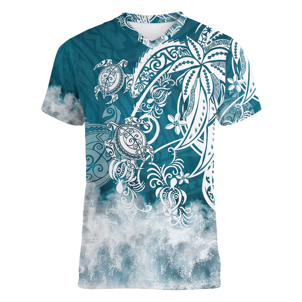 Polynesian Sea Turtle Women V Neck T Shirt Tribal LT6 Female Blue - Polynesian Pride