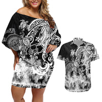 Polynesian Sea Turtle Couples Matching Off Shoulder Short Dress and Hawaiian Shirt Tribal Black LT6 Black - Polynesian Pride