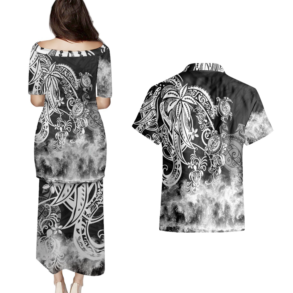Polynesian Sea Turtle Couples Matching Puletasi Dress and Hawaiian Shirt Tribal Black LT6 - Polynesian Pride